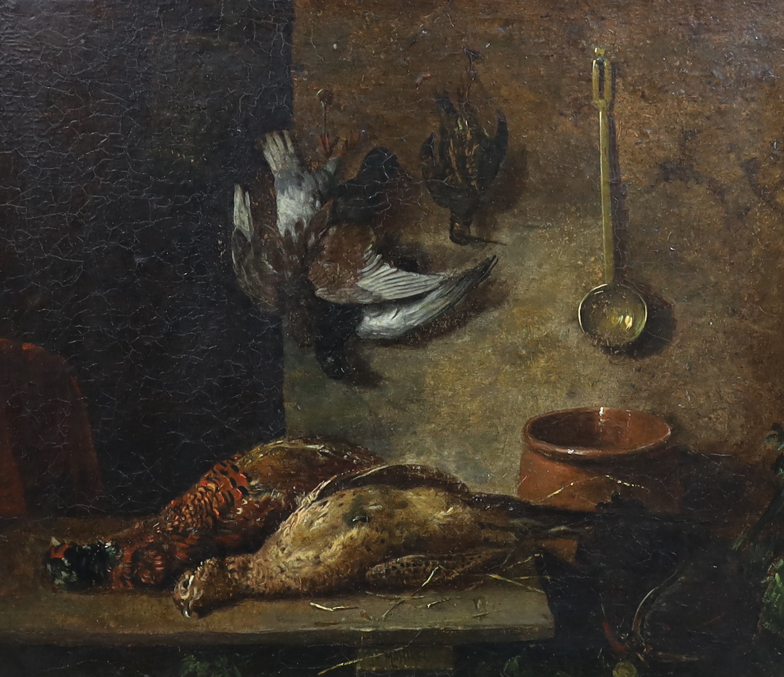 Johannes Engel Masurel (Dutch, 1826-1915), Still lifes of a Copper kettle and vegetables and Dead game in a pantry, oils on wooden panel, a pair, 22 x 24.5cm